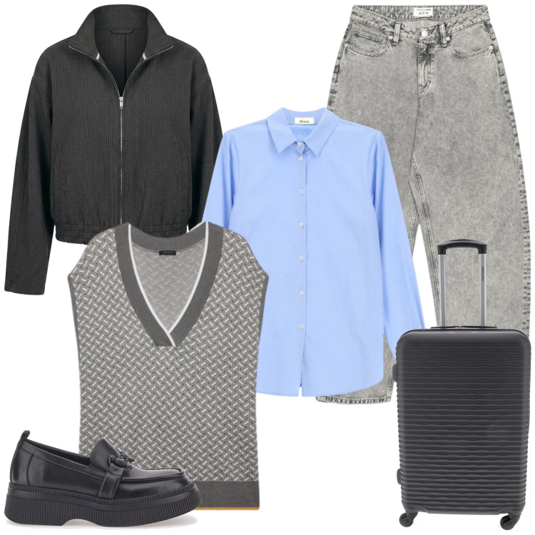Outfit donna - In viaggio. Stile Casual chic per Tutti i giorni. Abbinamento con camicie, jeans, bomber, maglieria, mocassini, valigie.