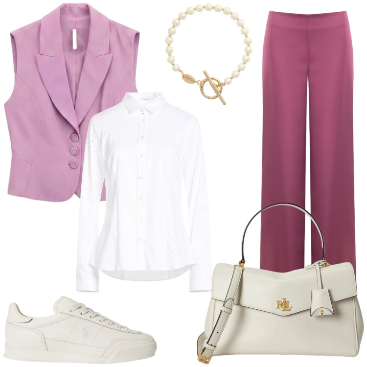 Outfit donna - Isabella. Stile Casual chic per Tutti i giorni. Abbinamento con camicie, gilet, pantaloni a palazzo, sneakers, borse a mano, braccialetti.