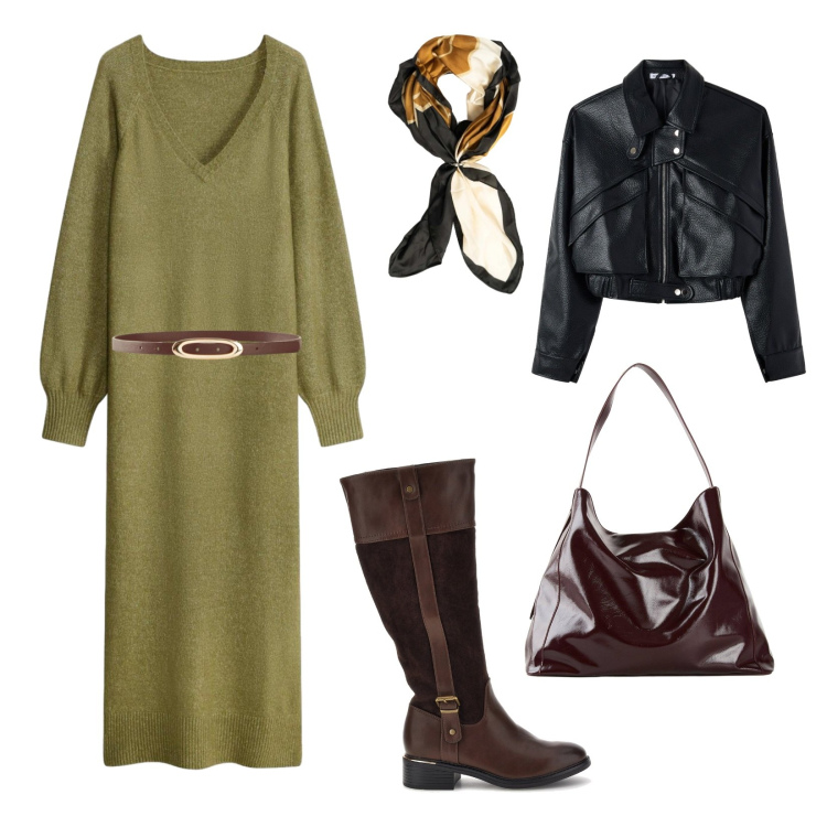 Outfit donna - Total look #2469519. Stile Basic per Tutti i giorni. Abbinamento con shopping bag, cinture, vestiti midi/longuette, bomber, foulard, stivali sopra il ginocchio.