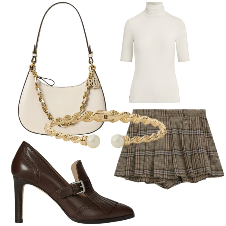 Outfit donna - La mini a quadri. Stile Bon Ton per Tutti i giorni. Abbinamento con pantaloni corti, maglieria, borse a spalla, décolleté, braccialetti.