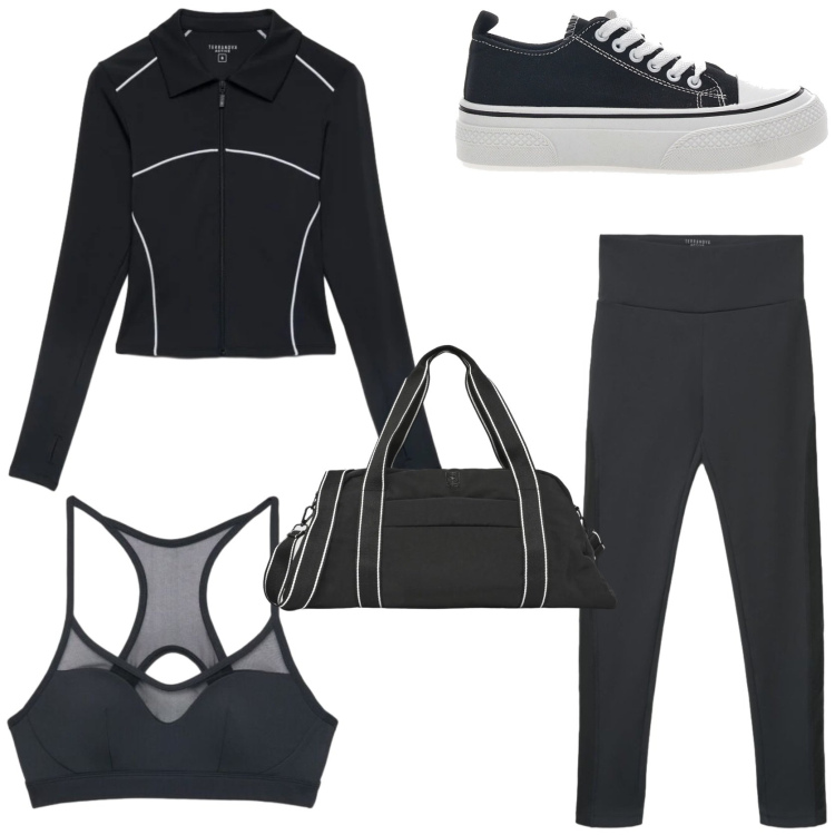 Outfit donna - Nuovi inizi in palestra. Stile Sporty chic per Sport. Abbinamento con felpe sportive, borse sportive, top sportivi, leggings sportivo, sneakers.