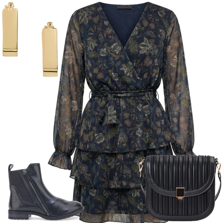 Outfit donna - Laura. Stile Casual chic per Tutti i giorni. Abbinamento con borse a tracolla, vestiti corti, orecchini, stivaletti chelsea.