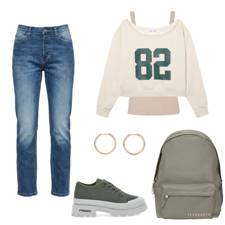 Outfit donna - Senza tempo. Stile Casual per Tutti i giorni. Abbinamento con orecchini, zaini, felpe, canottiere, jeans, sneakers alte.