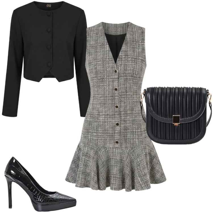 Outfit donna - Rinascimento FW 26. Stile Chic per Serata fuori. Abbinamento con vestiti corti, borse a tracolla, décolleté, blazer.