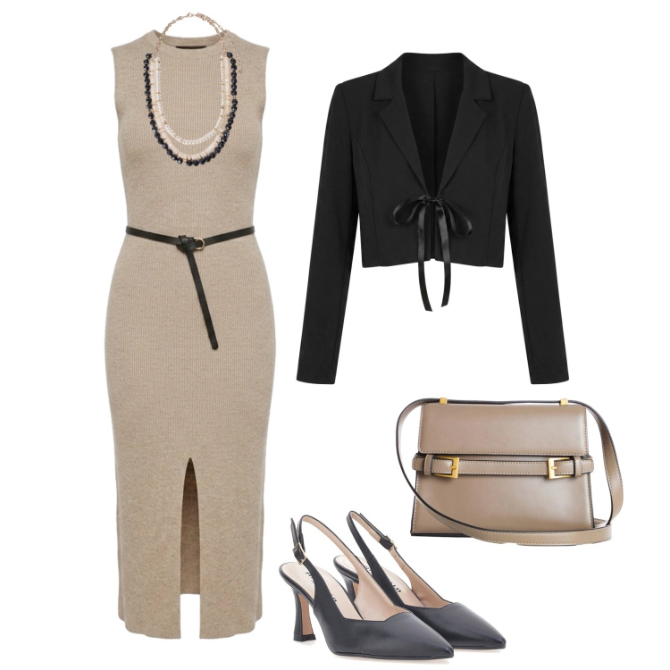 Outfit donna - Aperitivo di fine estate. Stile Glamour per Serata fuori. Abbinamento con borse a tracolla, collane, bolero, vestiti midi/longuette, décolleté.