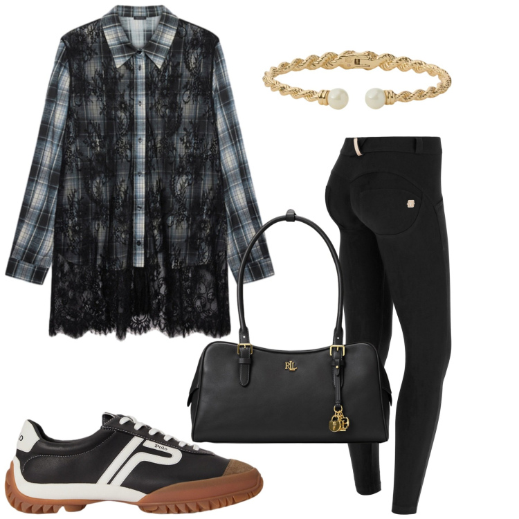Outfit donna - Total look #2469543. Stile Urban per Tutti i giorni. Abbinamento con pantaloni skinny, camicie, borse a mano, sneakers, braccialetti.