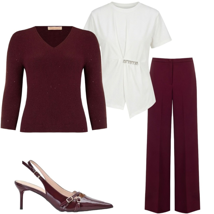 Outfit donna - Rinascimento FW 26. Stile Casual chic per Serata fuori. Abbinamento con décolleté, pantaloni a palazzo, t-shirt, maglieria.