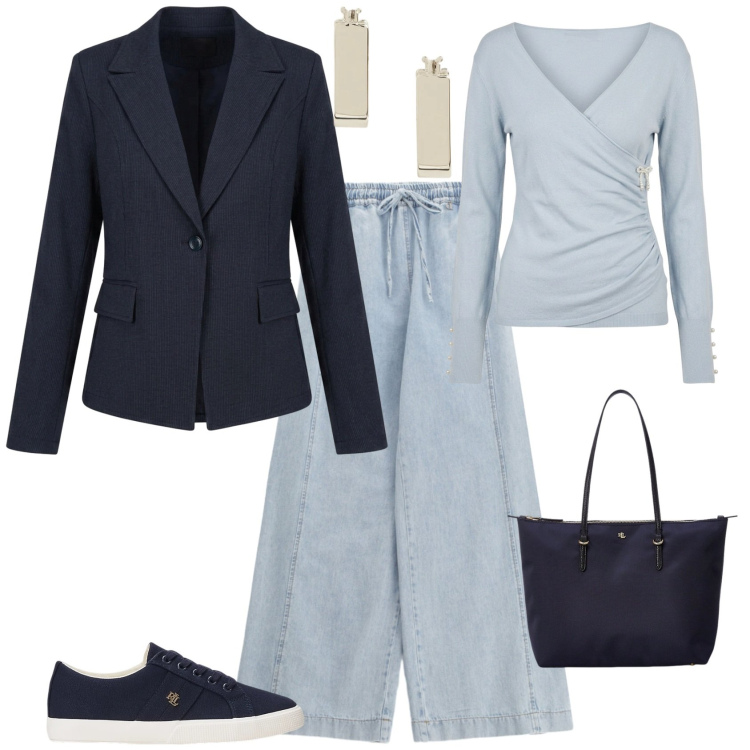 Outfit donna - Sport chic in ufficio tempo libero. Stile Sporty chic per Tutti i giorni. Abbinamento con jeans, t-shirt, blazer, borse tote, sneakers, orecchini.