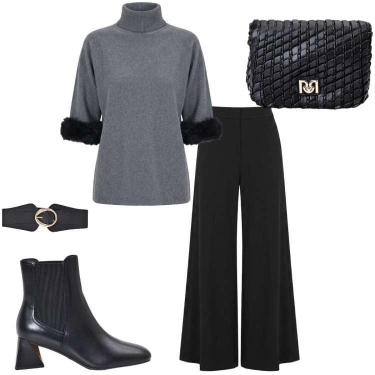 Outfit donna - Rinascimento FW 26. Stile Casual chic per Tutti i giorni. Abbinamento con pantaloni, borse a tracolla, stivaletti, cinture, maglieria.
