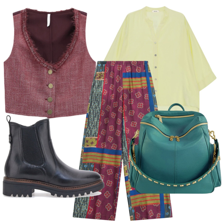 Outfit donna - Colori vivaci. Stile Casual per Tutti i giorni. Abbinamento con pantaloni a palazzo, gilet, camicie, zaini, stivaletti chelsea.