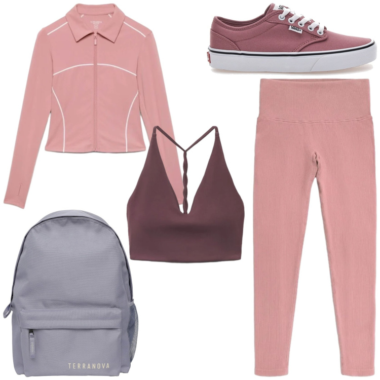Outfit donna - Stilosa in palestra. Stile Sporty chic per Sport. Abbinamento con zaini, felpe sportive, leggings sportivo, top sportivi, sneakers.