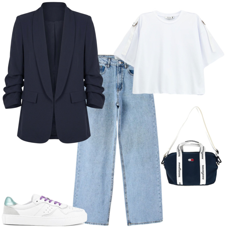 Outfit donna - Casual al lavoro o tempo libero. Stile Casual per Tutti i giorni. Abbinamento con jeans, t-shirt, blazer, sneakers, shopping bag.