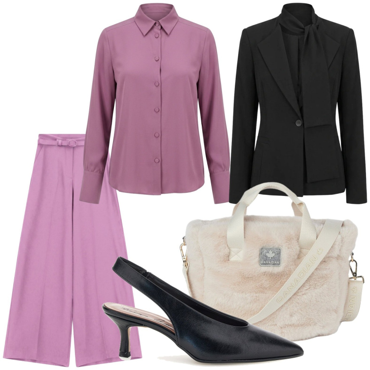 Outfit donna - Borsa peluche. Stile Casual per Tutti i giorni. Abbinamento con pantaloni a palazzo, camicie, borse tote, blazer, décolleté.