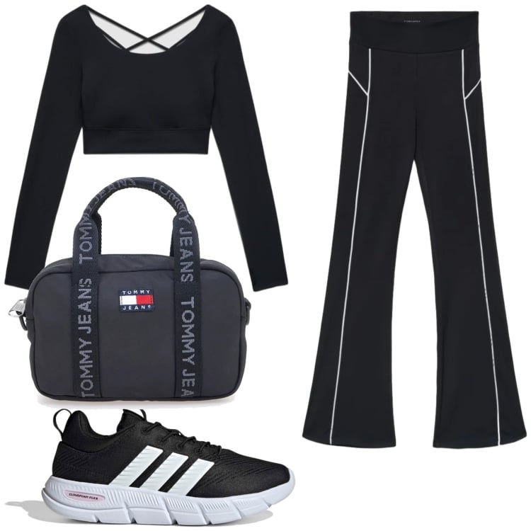 Outfit donna - Tempo libero. Stile Sporty chic per Sport. Abbinamento con leggings sportivo, t-shirt sportive, borse a tracolla, sneakers.