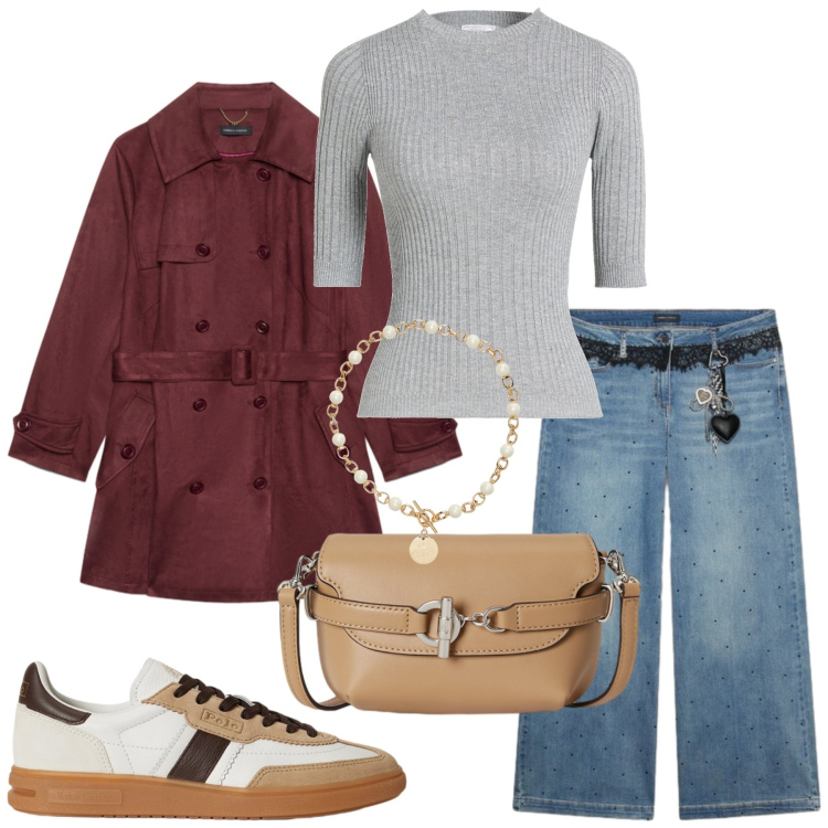 Outfit donna - Total look #2469560. Stile Casual chic per Ufficio. Abbinamento con pullovers, jeans, trench, collane, sneakers, borse a tracolla.