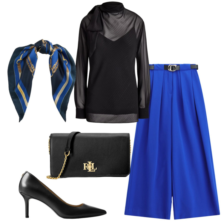 Outfit donna - Il pantalone ampio bluette. Stile Glamour per Serata fuori. Abbinamento con pantaloni a palazzo, borse a tracolla, décolleté, foulard, bluse.