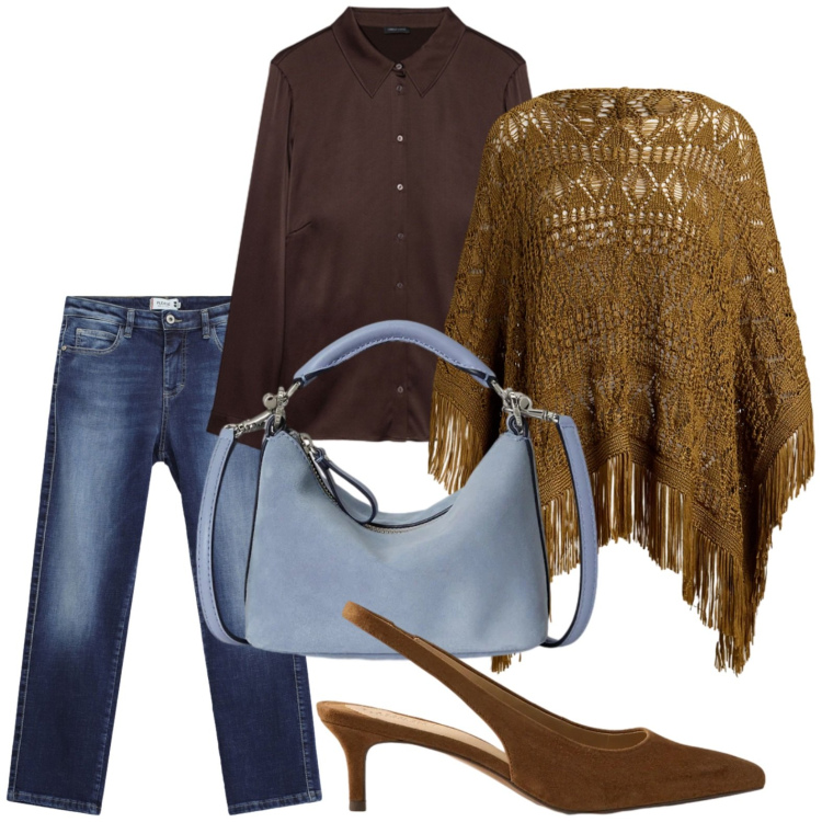 Outfit donna - Frange style. Stile Urban per Tutti i giorni. Abbinamento con jeans dritti, camicie, décolleté, borse a spalla, cappotti.
