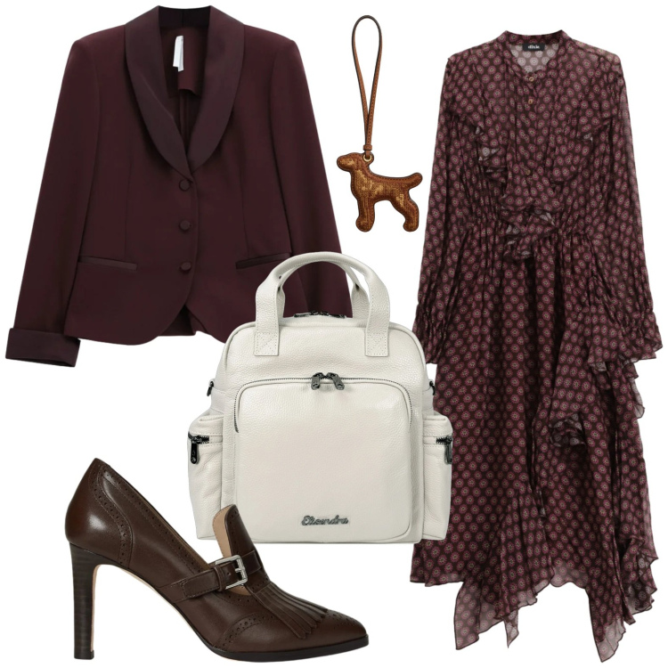 Outfit donna - Palette brown. Stile Casual per Tutti i giorni. Abbinamento con blazer, vestiti asimmetrici, zaini, ciondoli, décolleté.