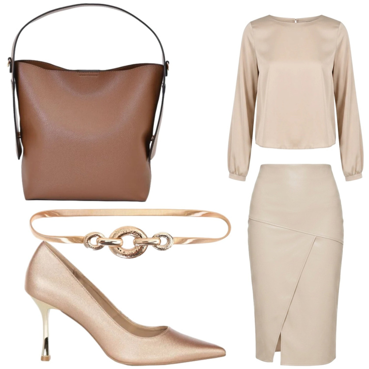 Outfit donna - Autunno in beige Rinascimento. Stile Bon Ton per Ufficio. Abbinamento con gonne longuette, borse a mano, cinture, décolleté, bluse.
