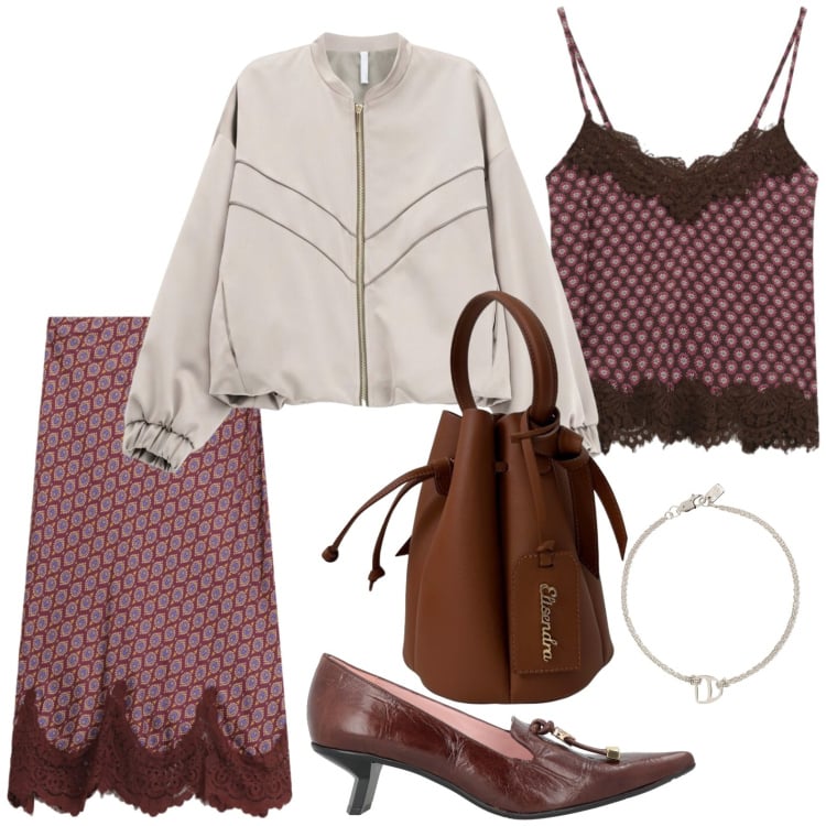 Outfit donna - Pizzo e bomber. Stile Urban per Tutti i giorni. Abbinamento con décolleté, bomber, gonne longuette, top, borse a secchiello, braccialetti con ciondoli.