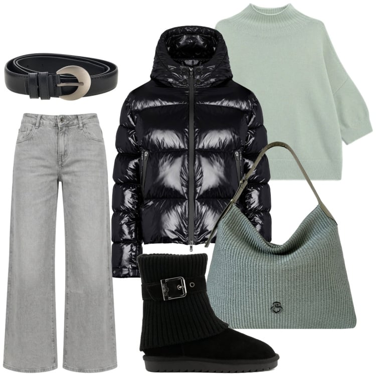 Outfit donna - Urban fashion. Stile Urban per Scuola/Università. Abbinamento con pullovers, borse a spalla, piumini, jeans a zampa, stivaletti, cinture.