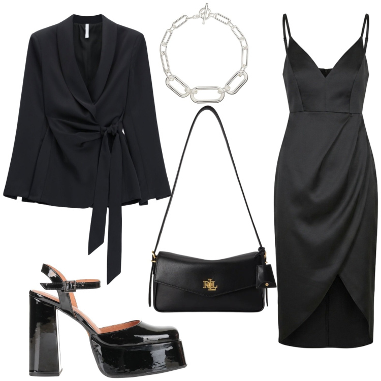 Outfit donna - Tubino chic. Stile Casual per Serata fuori. Abbinamento con décolleté, blazer, vestiti asimmetrici, collane, borse a spalla.