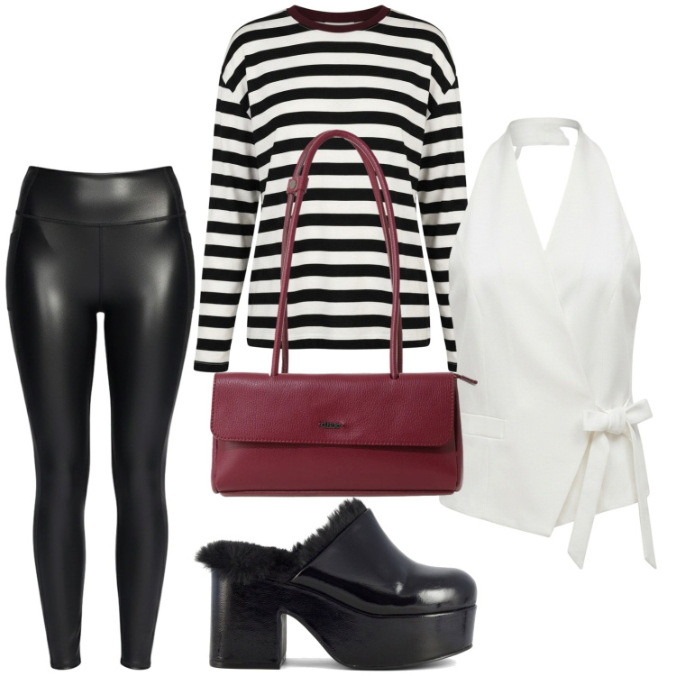 Outfit donna - Stile originale. Stile Casual per Tutti i giorni. Abbinamento con borse a spalla, t-shirt, gilet, leggings, sabot.