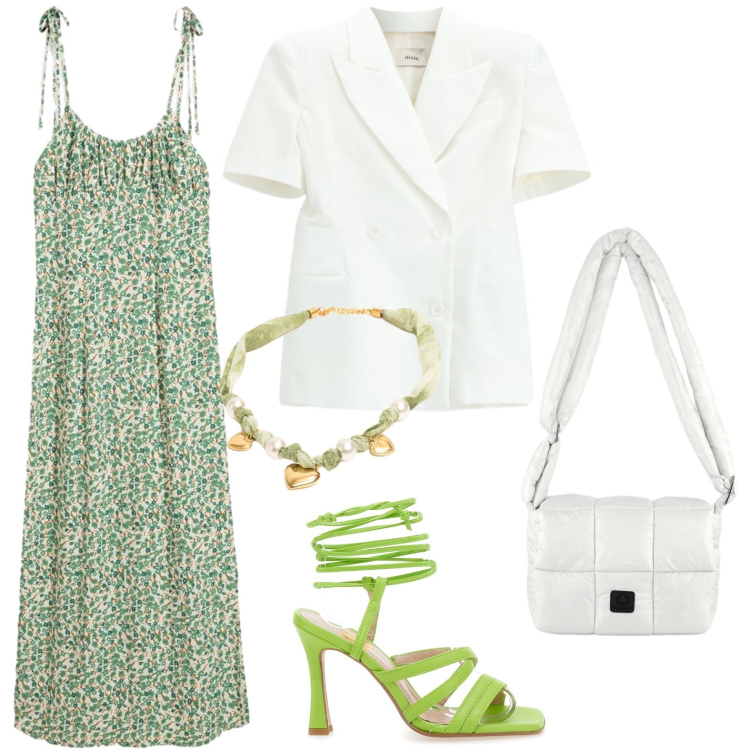 Outfit donna - Sandalo vivace. Stile Urban per Tutti i giorni. Abbinamento con vestiti, blazer, borse a spalla, collane, sandali col tacco.