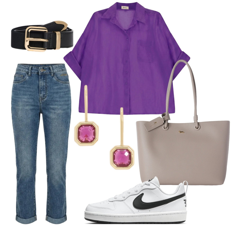 Outfit donna - Total look #2469575. Stile Casual per Ufficio. Abbinamento con shopping bag, camicie a manica corta, cinture, jeans, orecchini, sneakers.