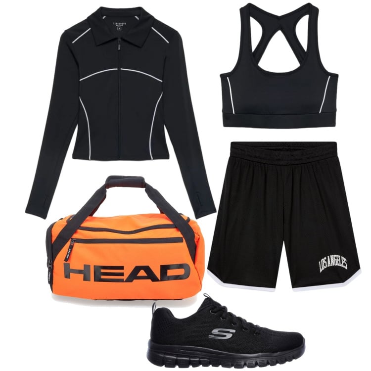Outfit donna - Pilates al parco. Stile Casual per Sport. Abbinamento con top sportivi, felpe sportive, pantaloncini sportivi, borse sportive, scarpe sportive.
