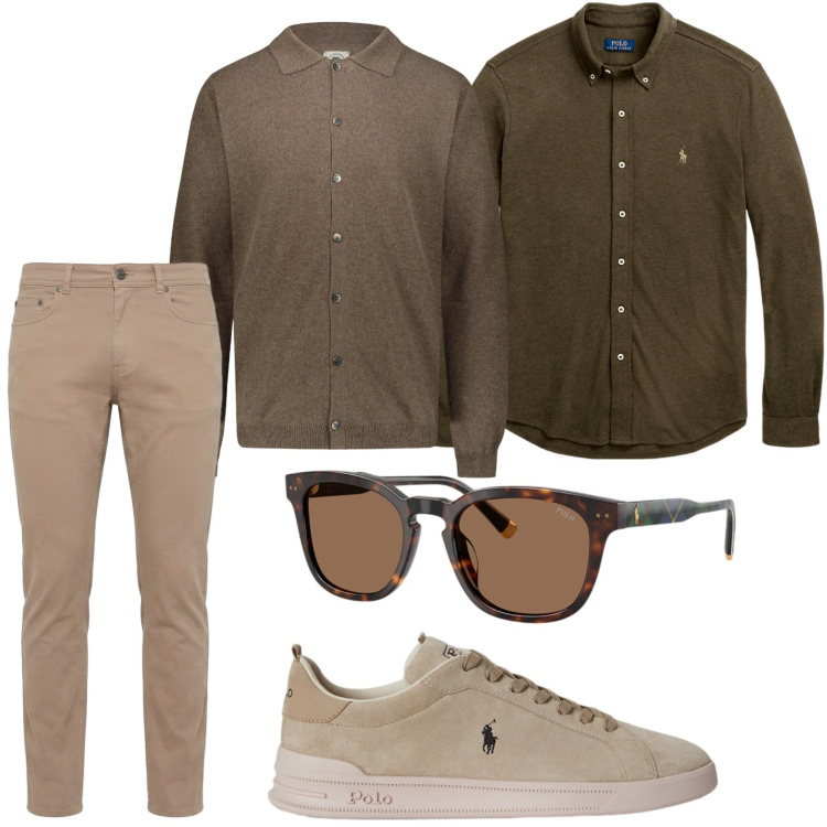 Outfit uomo - Brown lover. Stile Casual per Tutti i giorni. Abbinamento con pantaloni, polo, camicie, occhiali da sole, sneakers.