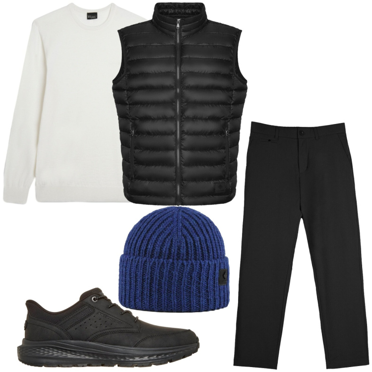 Outfit uomo - Gilet sportivo. Stile Casual per Tutti i giorni. Abbinamento con maglieria, pantaloni chino, piumini, berretti, sneakers.