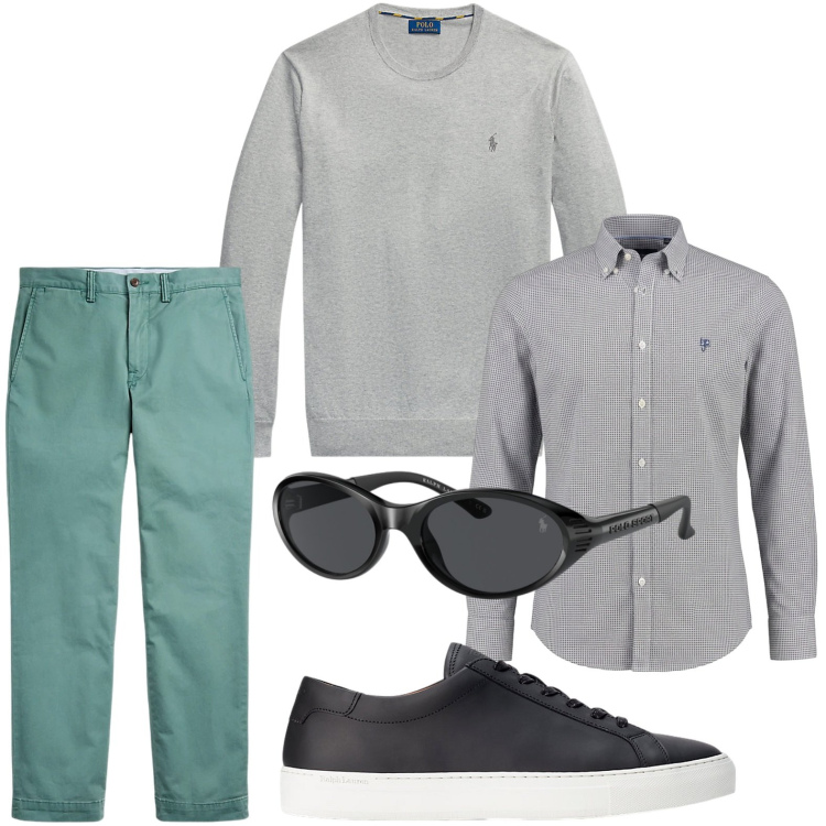 Outfit uomo - Stile raffinato. Stile Casual per Tutti i giorni. Abbinamento con camicie, sneakers, pantaloni, maglieria, occhiali da sole.