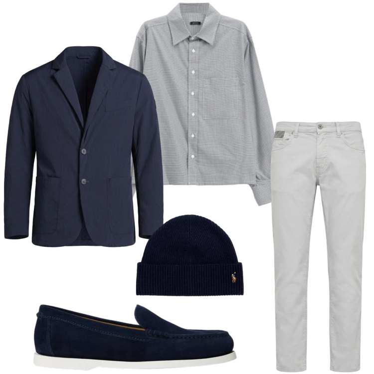 Outfit uomo - Smart casual. Stile Casual per Tutti i giorni. Abbinamento con pantaloni, giacche, camicie, berretti, scarpe stringate.