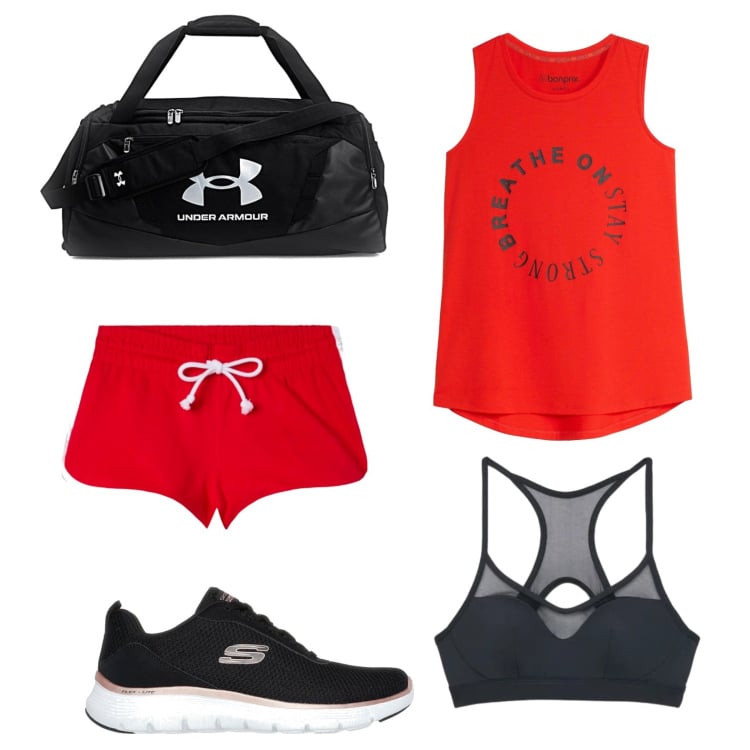 Outfit donna - Ultimo allenamento della settimana. Stile Casual per Sport. Abbinamento con top sportivi, top sportivi, pantaloncini sportivi, borse sportive, scarpe sportive.