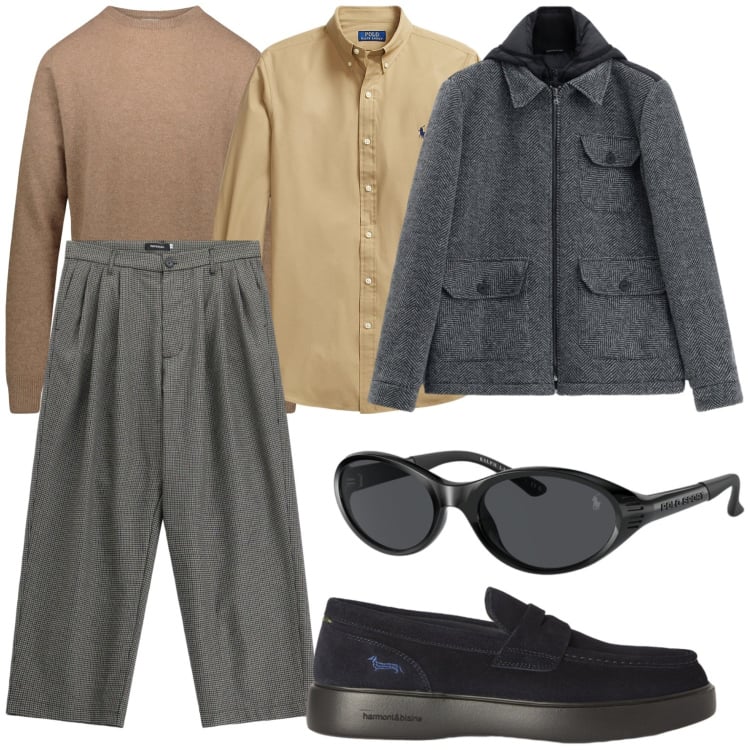 Outfit uomo - Basic elegante. Stile Urban per Tutti i giorni. Abbinamento con scarpe stringate, cappotti, pantaloni, maglieria, camicie, occhiali da sole.