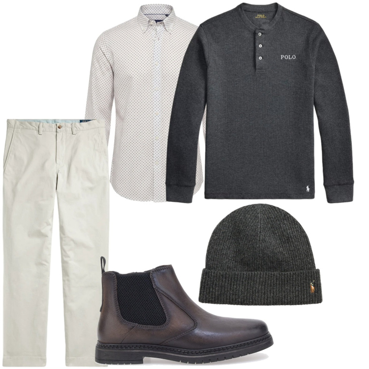 Outfit uomo - Serafino e camicia. Stile Casual per Tutti i giorni. Abbinamento con camicie, berretti, pantaloni, t-shirt, stivali e stivaletti.