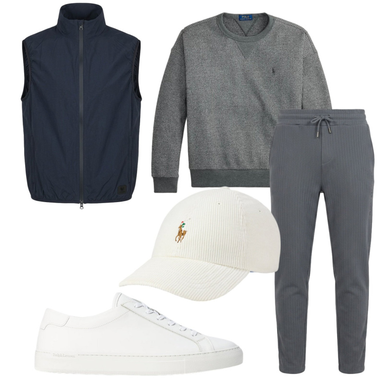 Outfit uomo - Easy style. Stile Trendy per Sport. Abbinamento con pantaloni, gilet, sneakers, cappelli con visiera, felpe.
