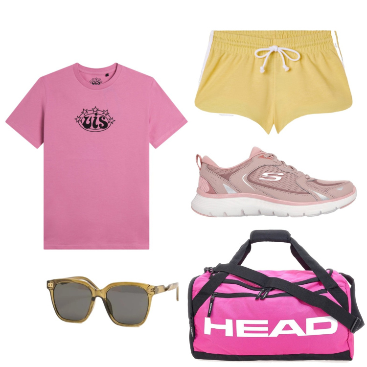 Outfit donna - Oggi mi alleno. Stile Casual per Sport. Abbinamento con pantaloncini sportivi, t-shirt sportive, occhiali da sole, borse sportive, scarpe sportive.