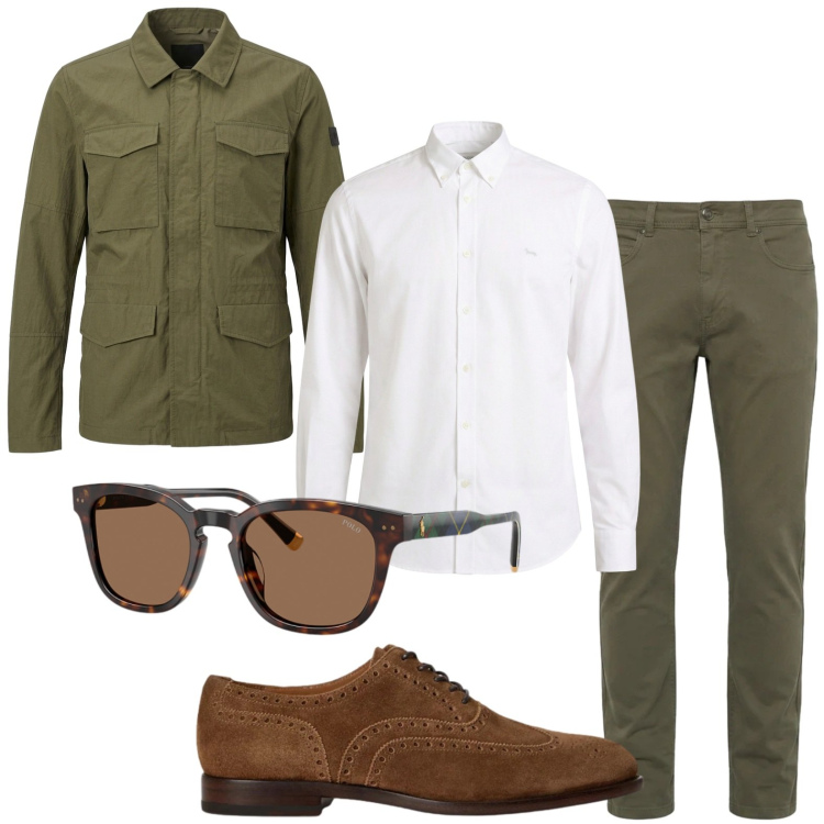 Outfit uomo - Colori naturali. Stile Casual per Tutti i giorni. Abbinamento con camicie, pantaloni, cappotti, occhiali da sole, scarpe stringate.