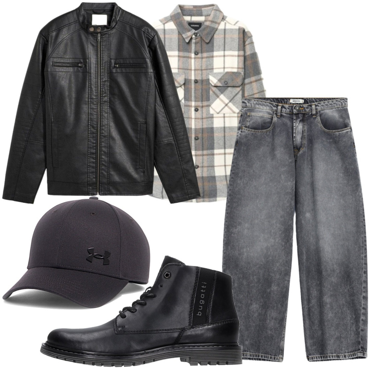 Outfit uomo - Look moderno. Stile Casual per Tutti i giorni. Abbinamento con giacche, jeans, camicie, cappelli con visiera, stivali e stivaletti.