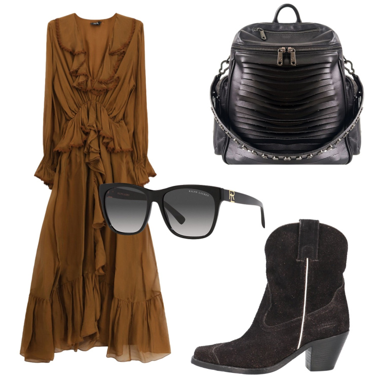 Outfit donna - Total look #2469601. Stile Urban per Tutti i giorni. Abbinamento con stivaletti texani, vestiti midi/longuette, zaini, occhiali da sole.