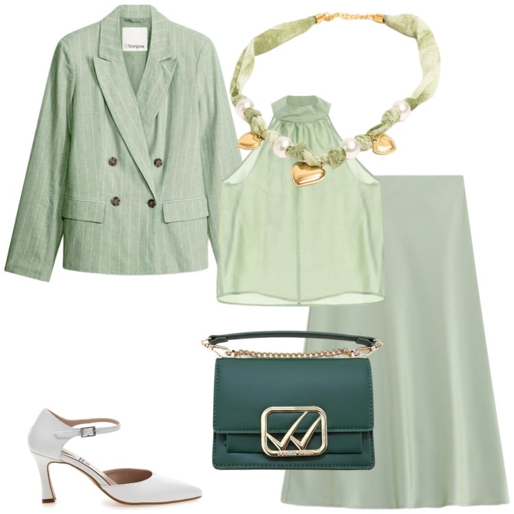 Outfit donna - Total look #2469602. Stile Romantica per Cerimonia. Abbinamento con blazer, top, gonne longuette, collane, décolleté, borse a tracolla.