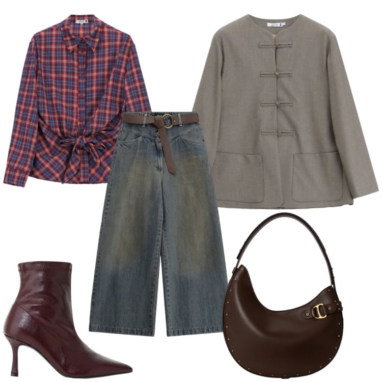 Outfit donna - Total look #2469607. Stile Casual per Scuola/Università. Abbinamento con stivaletti, jeans boyfriend, blazer, camicie, borse a spalla.