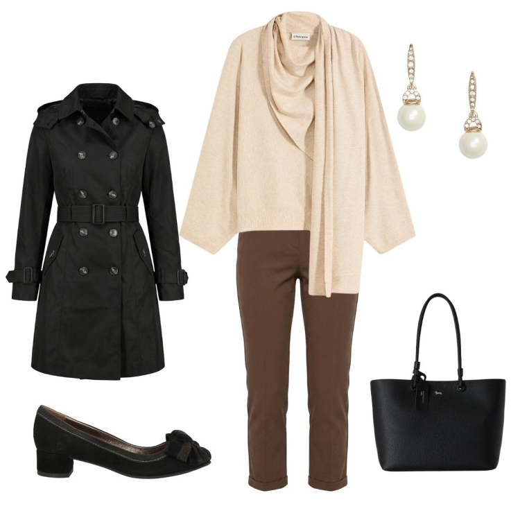 Outfit donna - In ufficio con stile. Stile Romantica per Ufficio. Abbinamento con décolleté, maglieria, shopping bag, trench, pantaloni, orecchini.