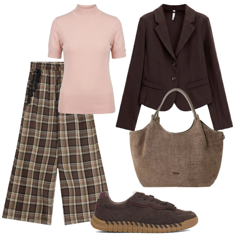 Outfit donna - Total look #2469610. Stile Casual per Scuola/Università. Abbinamento con blazer, borse a spalla, pantaloni a palazzo, t-shirt, sneakers.