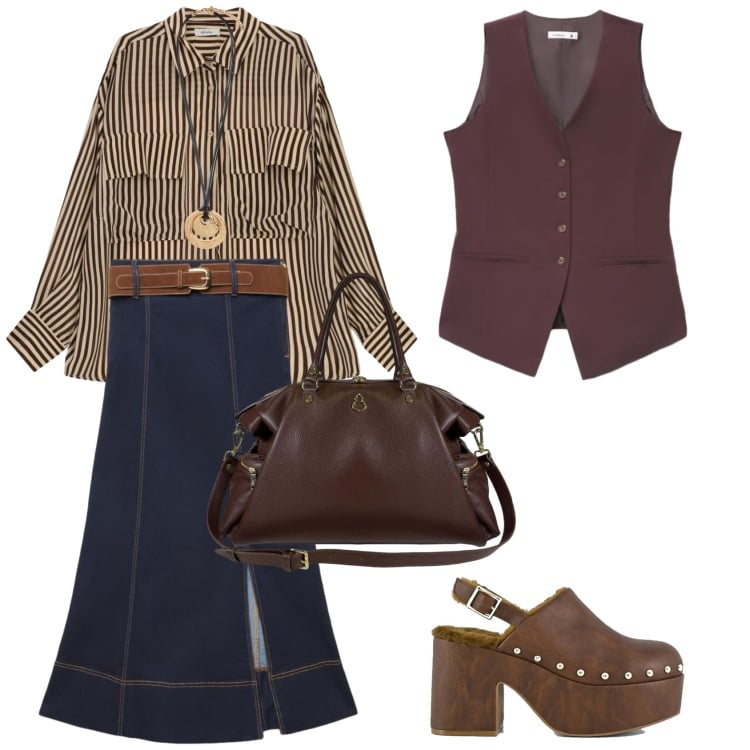 Outfit donna - Total look #2469612. Stile Casual chic per Serata fuori. Abbinamento con camicie, gonne lunghe, gilet, ciondoli, borse a spalla, sabot.