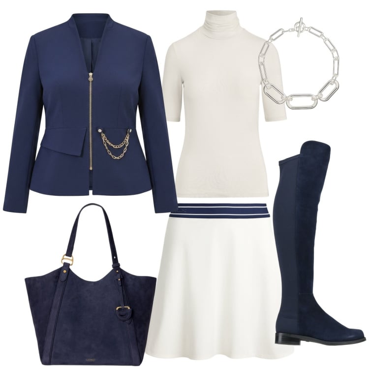 Outfit donna - Gonna tennis rivisitata. Stile Casual per Tutti i giorni. Abbinamento con stivali, blazer, borse tote, maglieria, minigonne, collane.