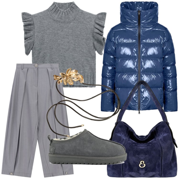 Outfit donna - Guardaroba fine estate. Stile Casual per Tutti i giorni. Abbinamento con pantaloni a palazzo, maglieria, borse a spalla, piumini, cinture, sabot.