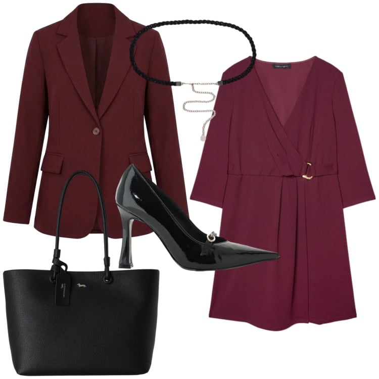Outfit donna - Chic wine. Stile Chic per Tutti i giorni. Abbinamento con shopping bag, décolleté, cinture, vestiti corti, blazer.
